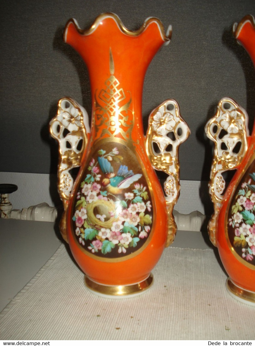 O2 / RARE Paire De Vases Orange Décor Floral Porcelaine Faïence Vieux Bruxelles - Sonstige & Ohne Zuordnung