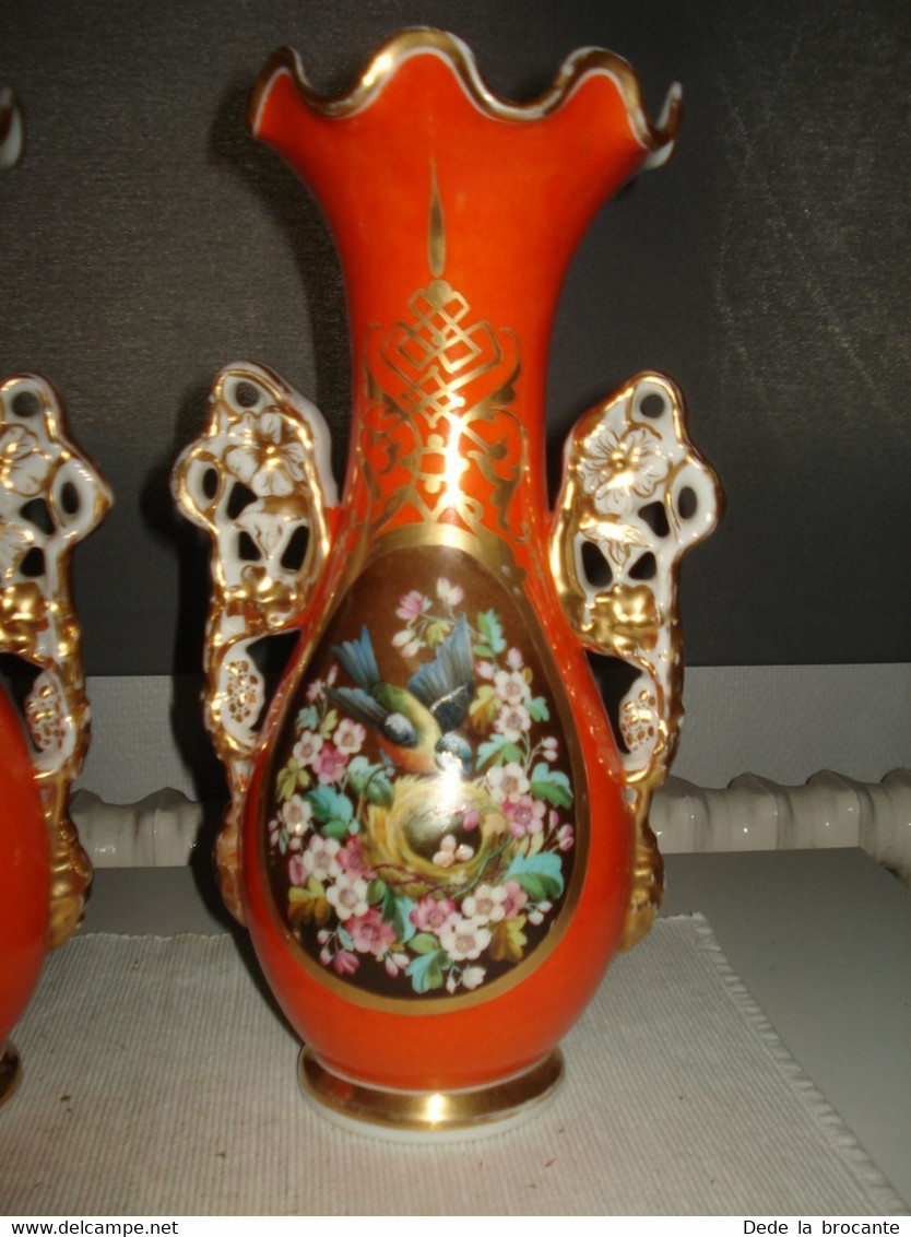 O2 / RARE Paire De Vases Orange Décor Floral Porcelaine Faïence Vieux Bruxelles - Other & Unclassified