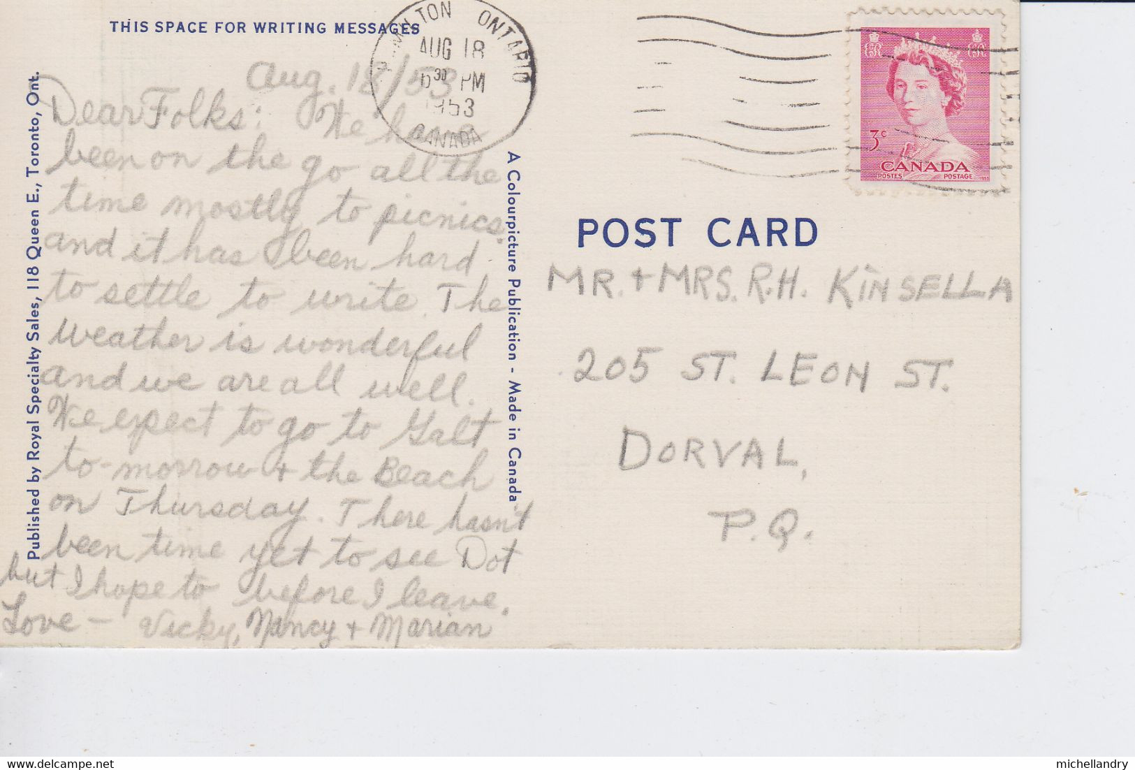 Carte Postal (115607) Hamilton Ont Aug 18 1953 Stamped 3 Cents Cdn - Hamilton