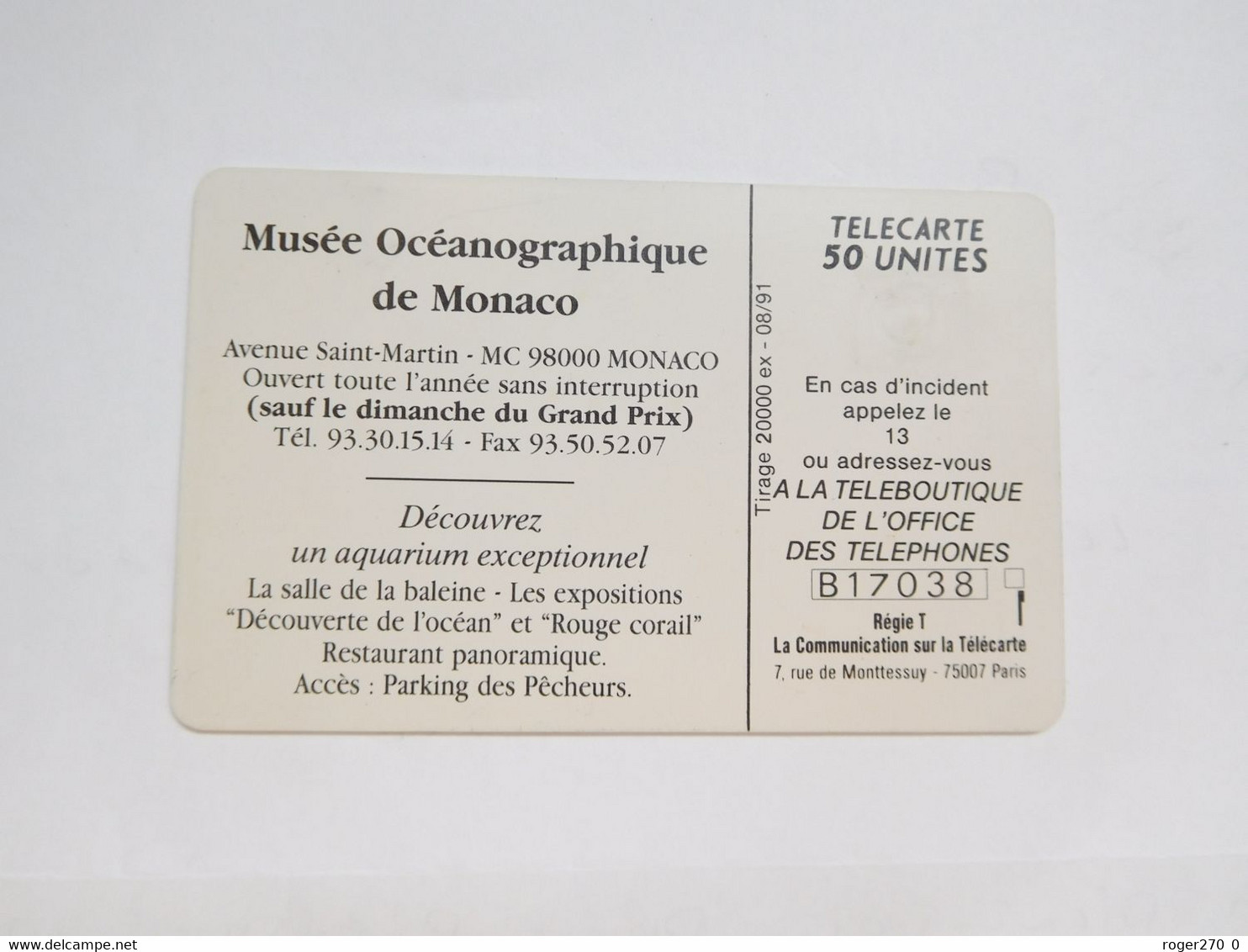 Télécarte Monaco , MF16 , Musée Océanographique  , TBE , Cote : 6 Euros - Monaco