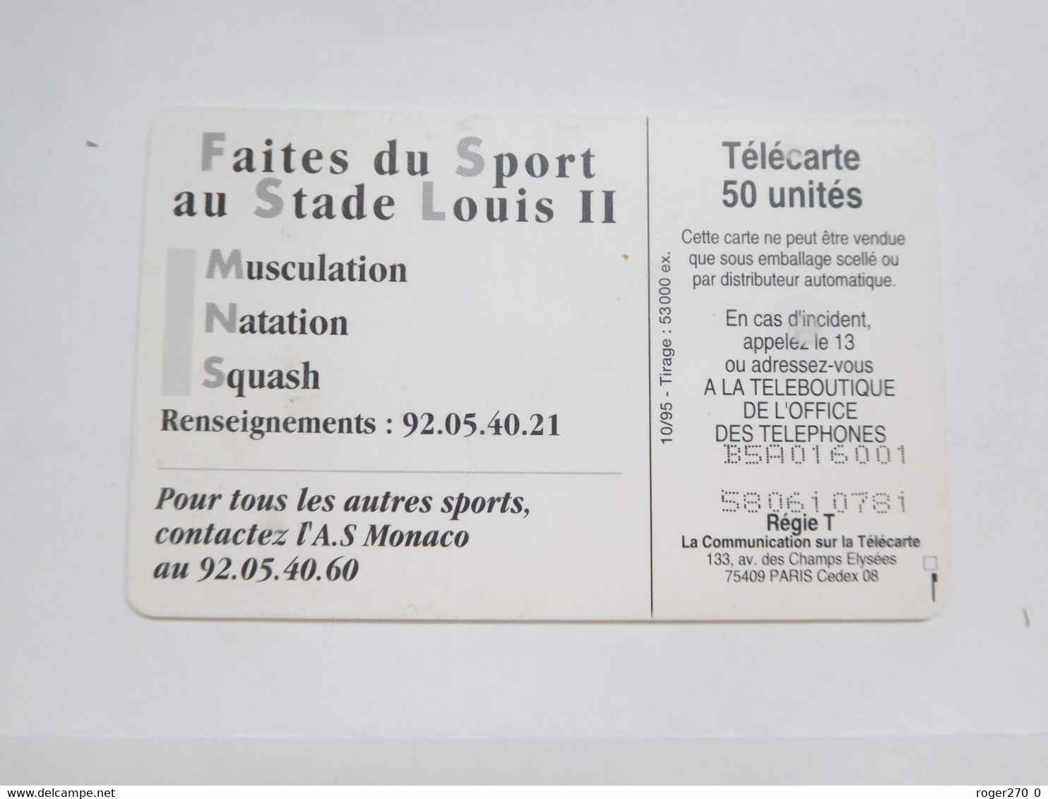 Télécarte Monaco , MF37 , Stade Louis , TBE , Cote : 2 Euros - Monaco