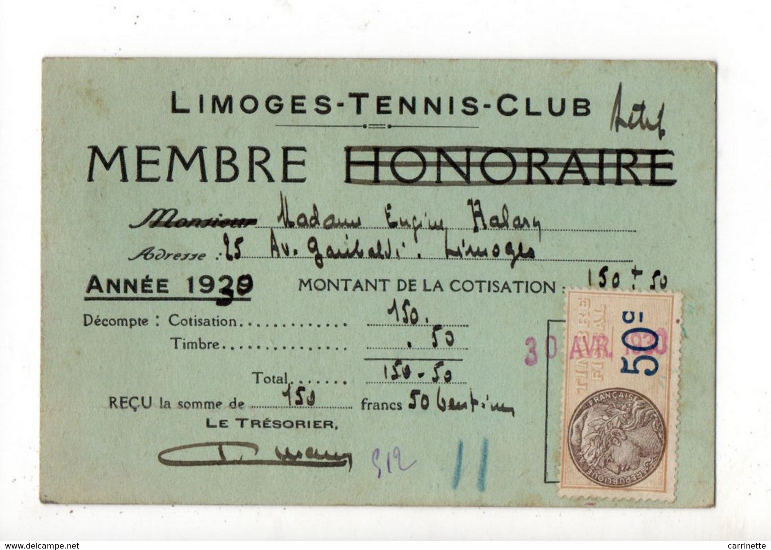 LIMOGES TENNIS CLUB - Année 1939 - Carte De Membre - Andere & Zonder Classificatie