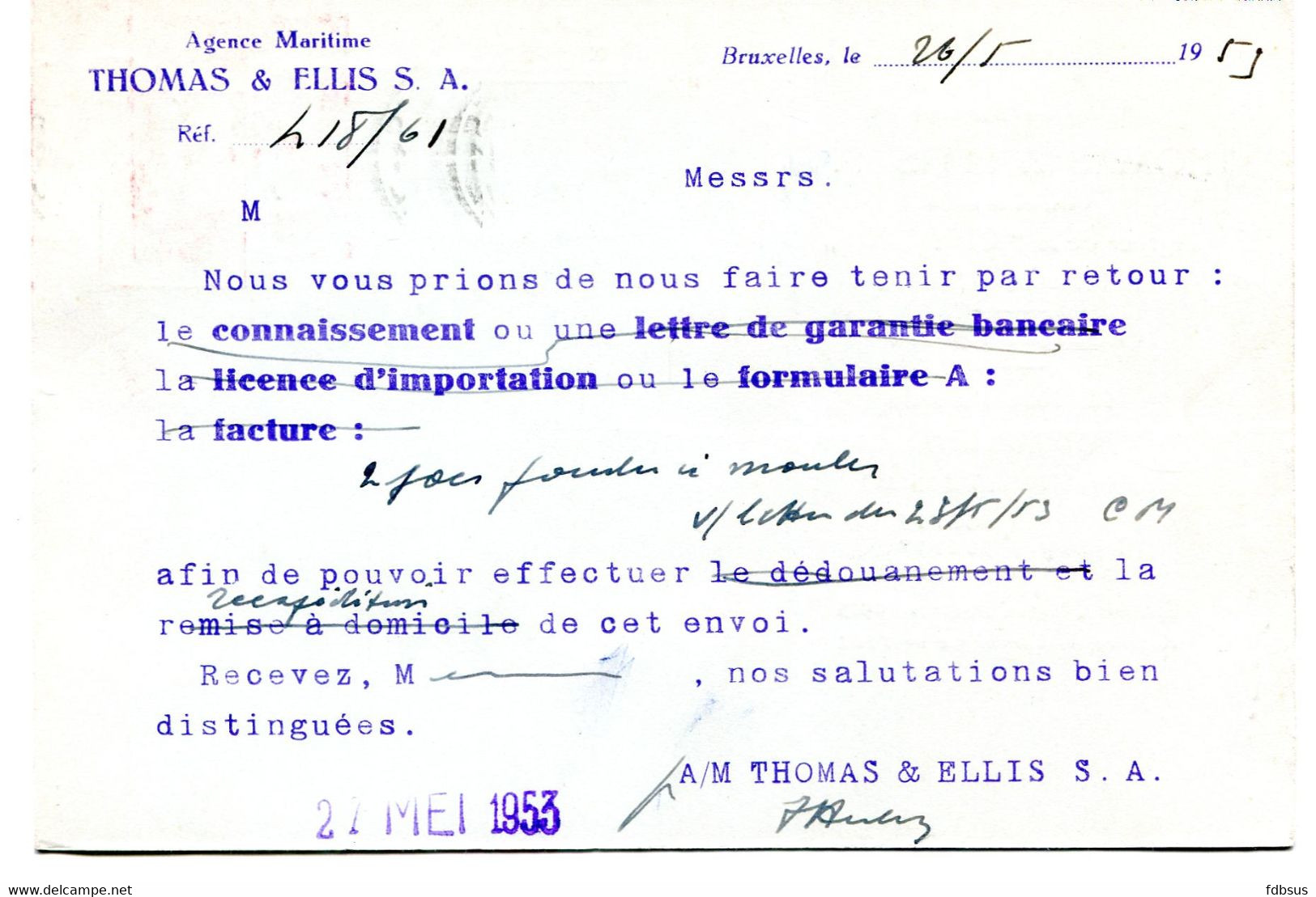1953/54 3 Kaarten THOMAS & ELLIS S.A. Bruxelles Avis D'arrivée - Ref 9 - Expéditeurs - Agence Maritime - ...-1959