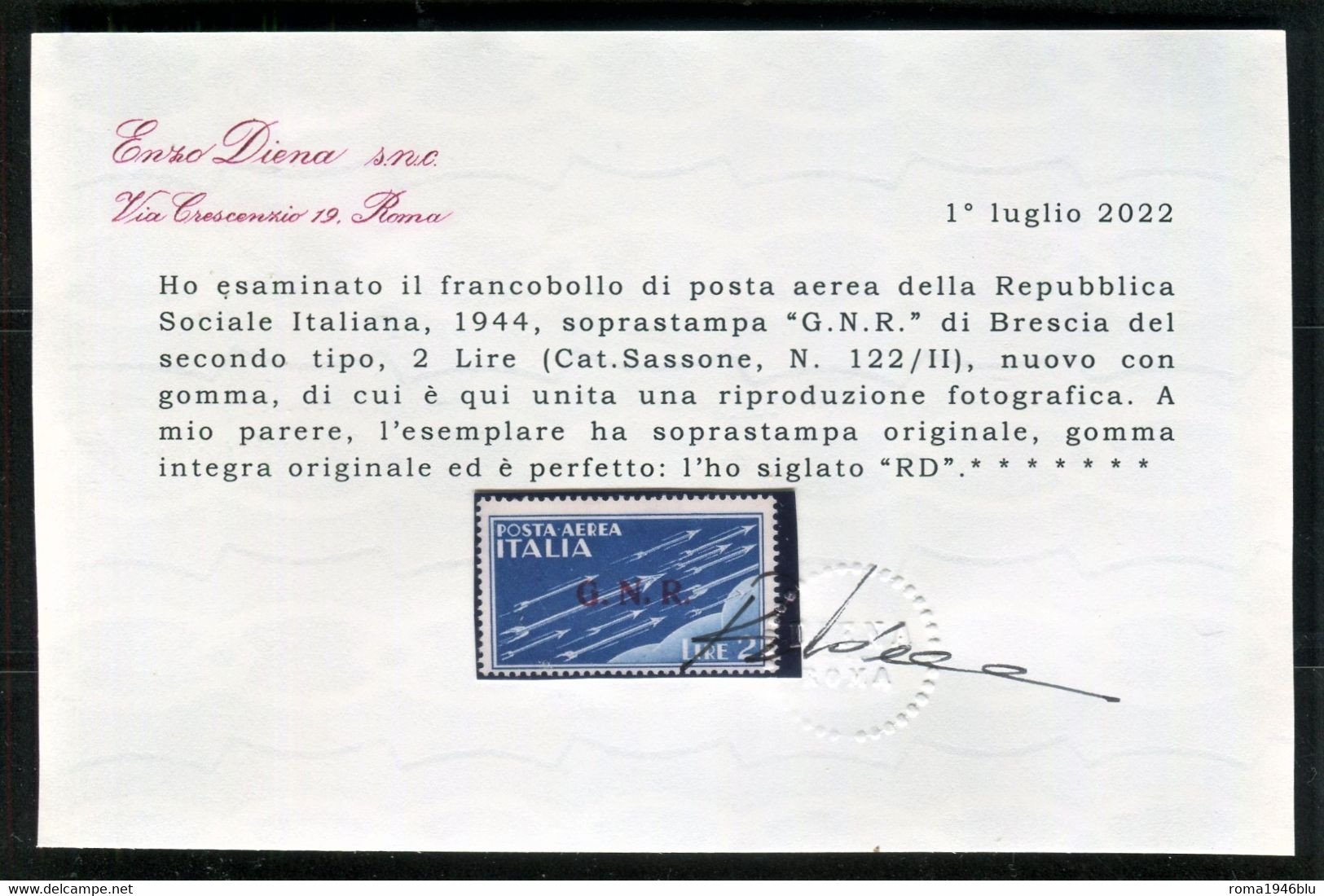 RSI 1944 POSTA AEREA G.N.R.  BRESCIA 2 L. SASSONE N. 122/II ** MNH  CERT. DIENA - Poste Aérienne