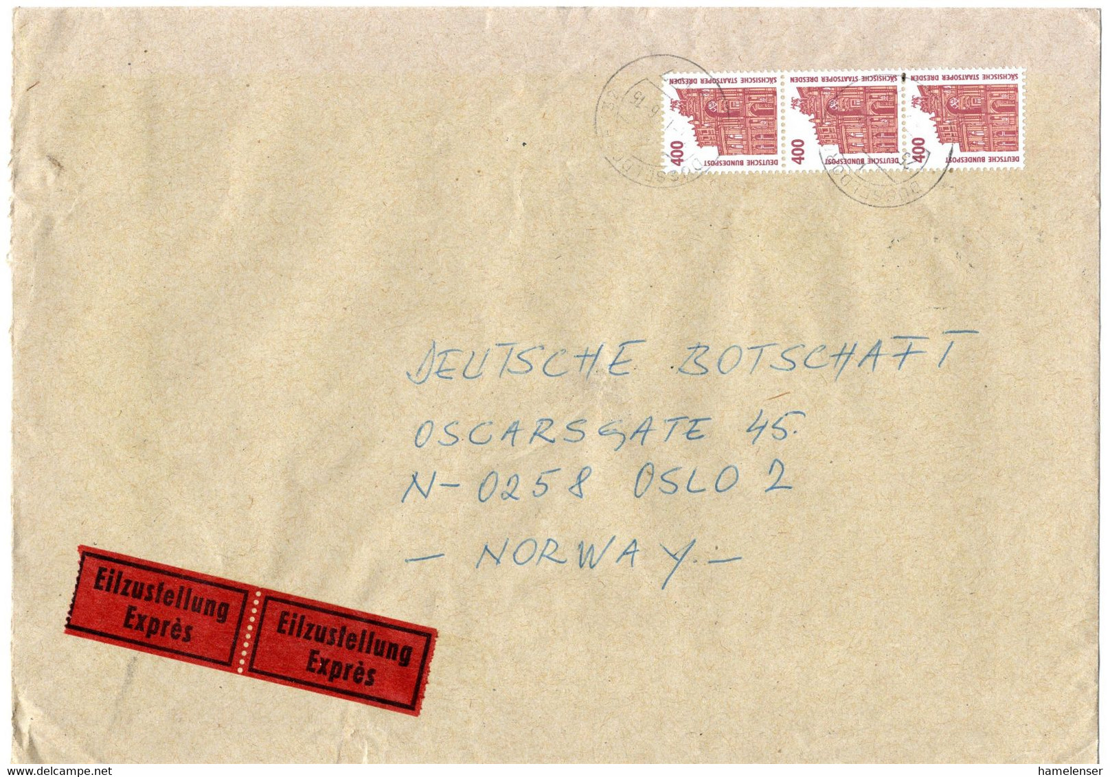 L34431 - Bund - 1996 - 3@400Pfg SWK A EilBf DUESSELDORF -> OSLO (Norwegen) - Lettres & Documents