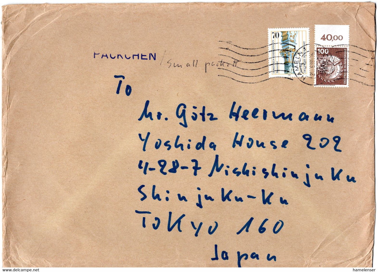 L34492 - Bund - 1988 - 100Pfg I&T MiF A PaeckchenBf HAMELN -> Japan - Briefe U. Dokumente