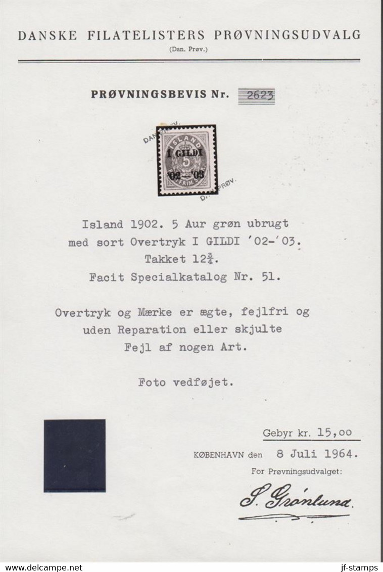 1902. ISLAND. I GILDI.__ 5 Aur Green. Perf. 12 3/4. BLACK Overprint.  Hinged. Very Rare Sta... (Michel 26B F) - JF521931 - Unused Stamps