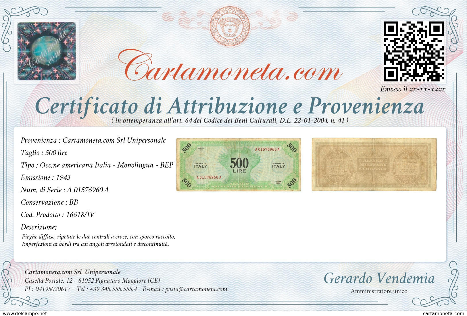 500 LIRE OCCUPAZIONE AMERICANA IN ITALIA MONOLINGUA BEP 1943 BB - 2. WK - Alliierte Besatzung