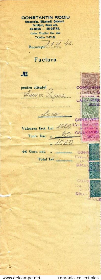 Romania, 1944, Vintage Invoice Stub / Receipt - Revenues / Fiscal Stamps / Cinderellas - Revenue Stamps