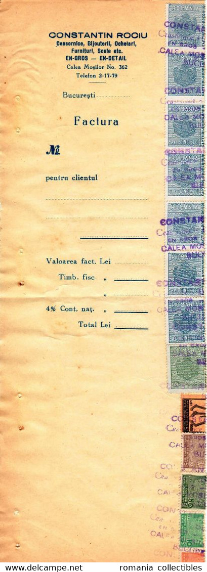 Romania, 1944, Vintage Invoice Stub / Receipt - Revenues / Fiscal Stamps / Cinderellas - Revenue Stamps