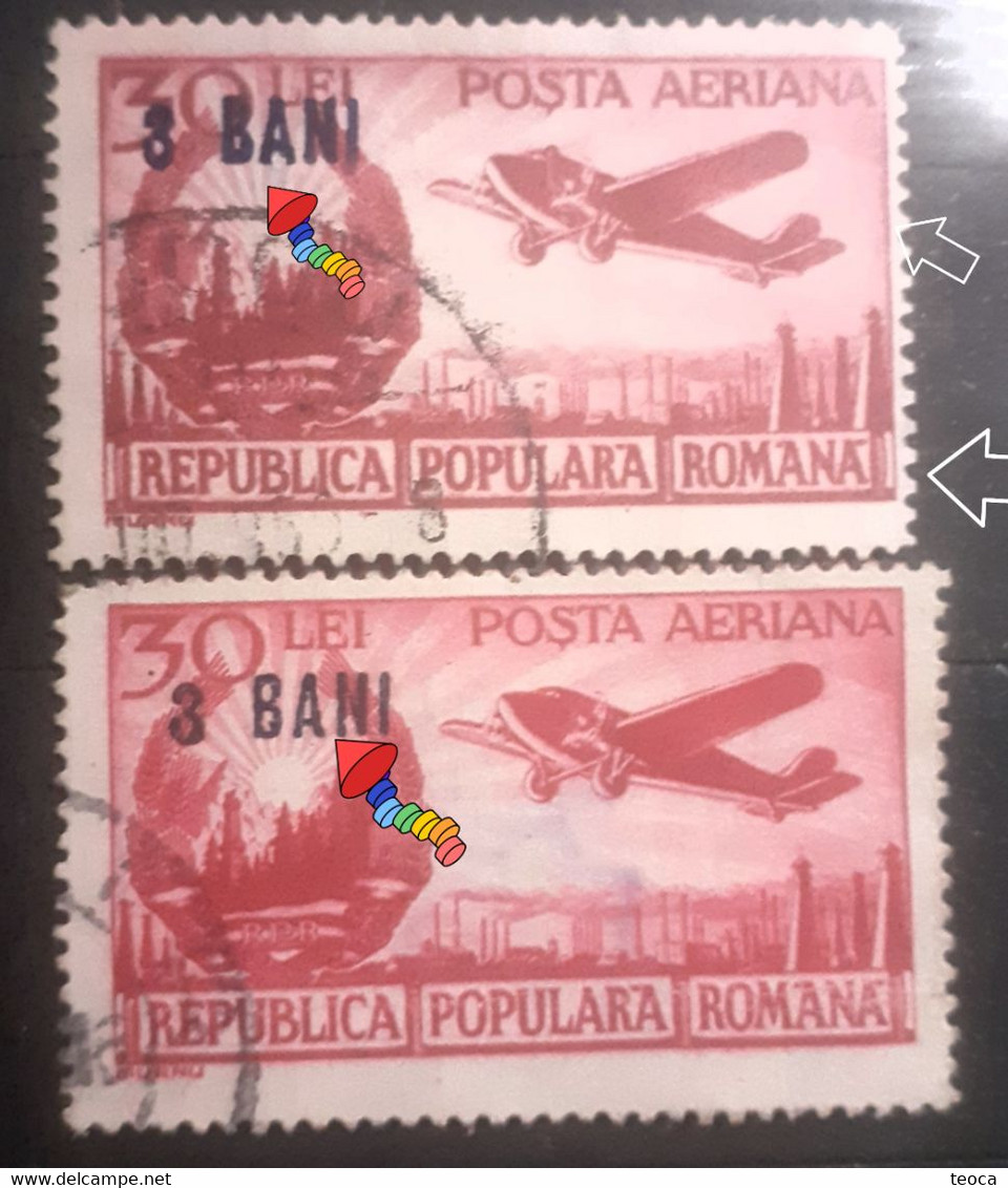 Errors Romania 1952 # Mi A1363 Air Mail , Planes , Printed With Move Overprint "3 Bani,"  Used - Abarten Und Kuriositäten