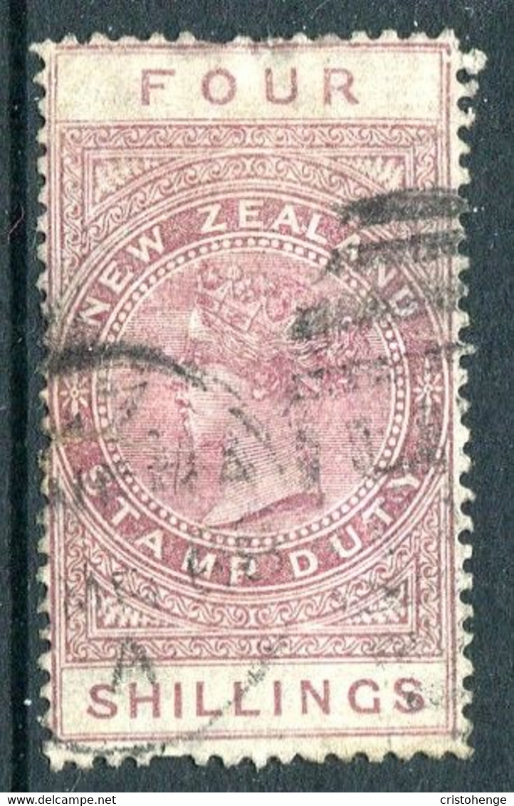 New Zealand 1882-1930 QV Longtype Fiscal Revenue - P.12½ - Wmk. 7mm - 4/- Brown-rose Postally Used (SG F37) Sealed Tear - Fiscal-postal