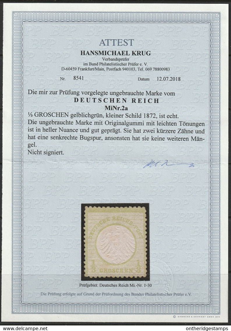 Germany 1872 Sc 2 Mi 2a MH* With BPP Certificate - Nuovi