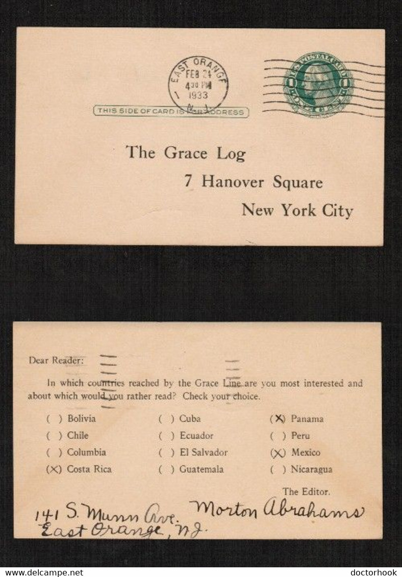 U.S.A. 1c GEORGE WASHINGTON COMMERCIAL POSTAL CARD To N.Y. (FEB/24/1933)---(CONDITION AS PER SCAN)---(PC-126) - 1921-40