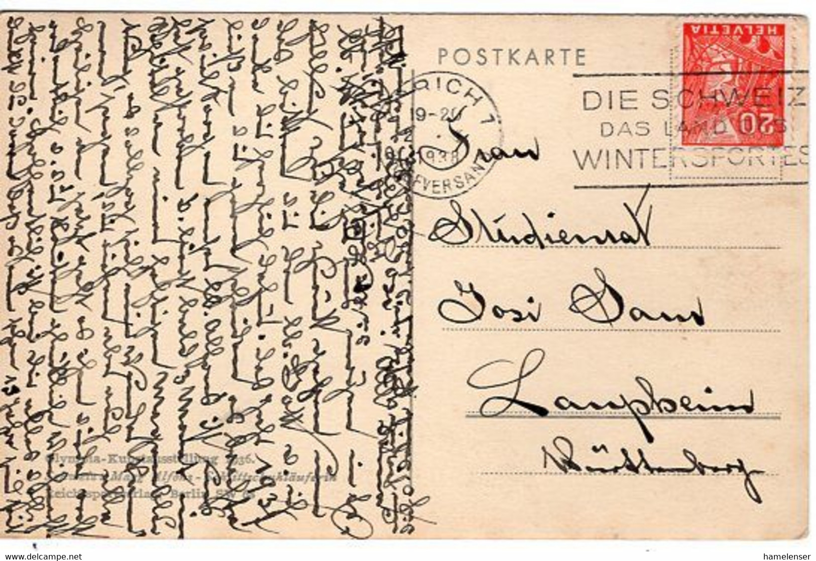 52653 - Deutsches Reich - 1936 - AnsKte Olympia-Kunstausstellung - Schweiz "Schlittschuhlaeuferin", Gebraucht - Olympische Spiele