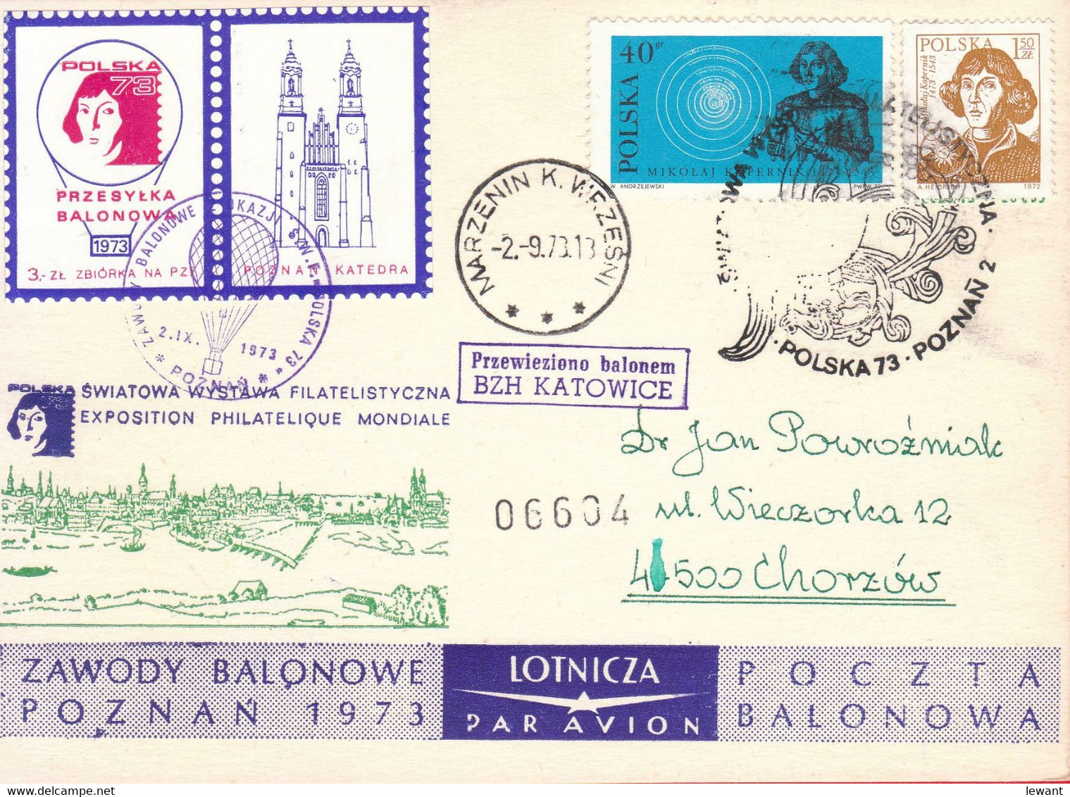 1973 Balloon Mail - Transported In A Balloon BZG KATOWICE (Copernicus) 06604 - POWR - Balloons