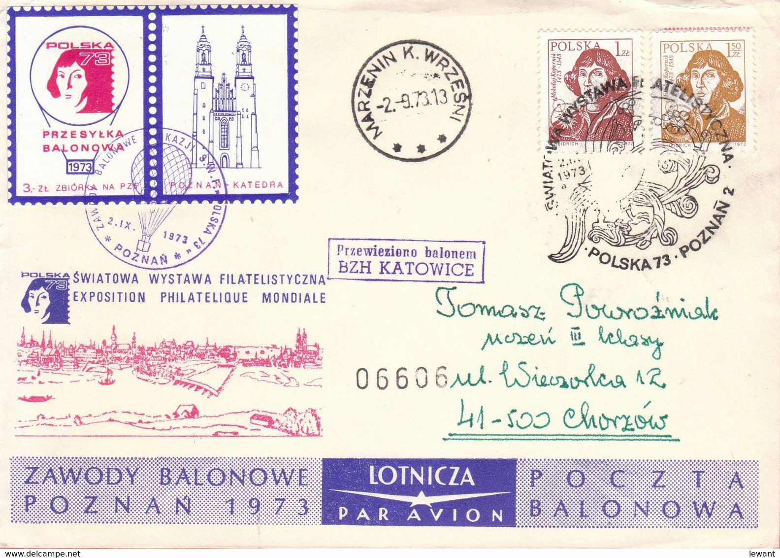 1973 Balloon Mail - Transported In A Balloon BZG KATOWICE (Copernicus) 06606 - POWR - Balloons