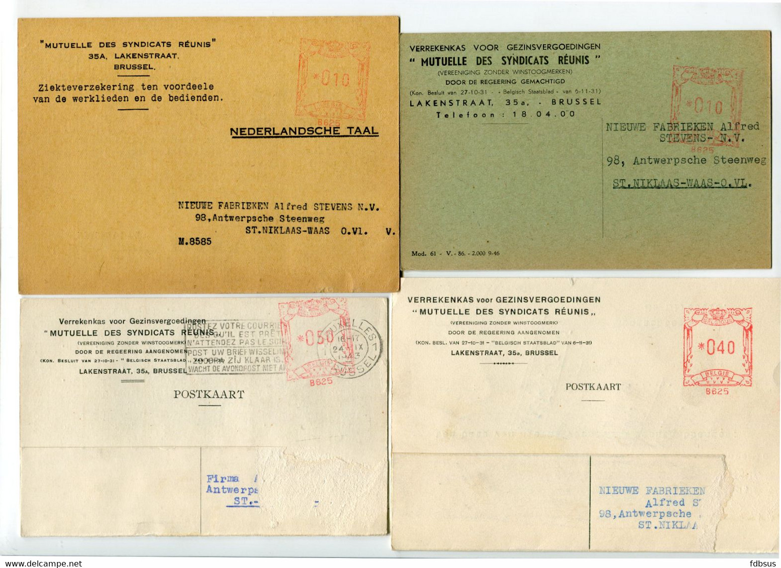 1941/47 4 Kaarten GEZINSVERGOEDINGEN - GEBOORTEPREMIEN Brussel - MUTUELLE SYNDICATS REUNIS - Ref 11 - ...-1959