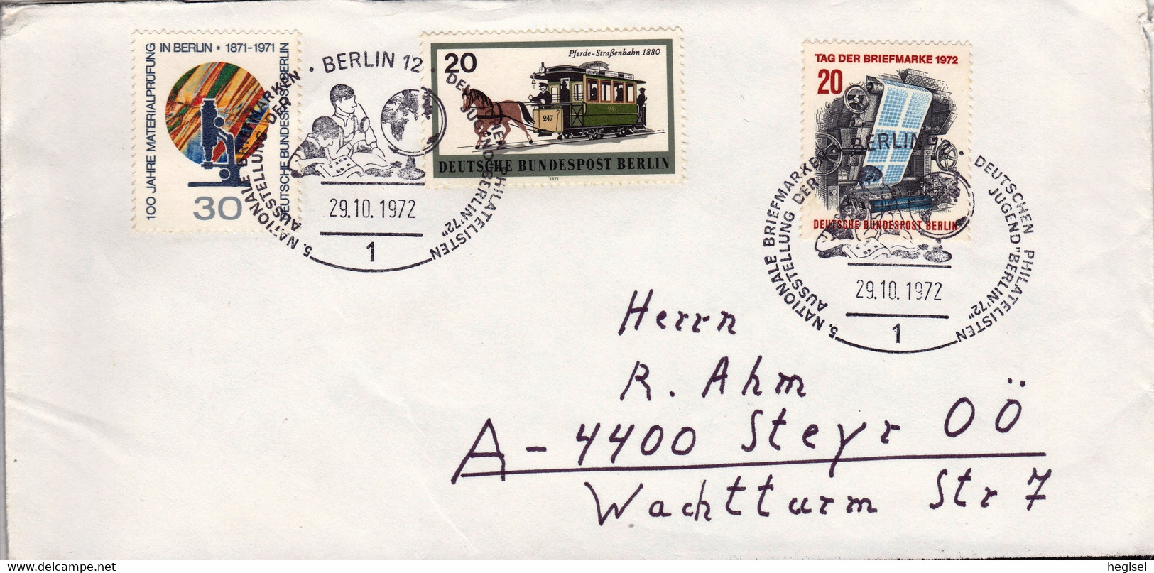 1972, Berlin,"100 Jahre Materialprüfung + Pferde - Straßenbahn + Tag Der Briefmarke", SST., Echt Gelaufen - Private Covers - Used