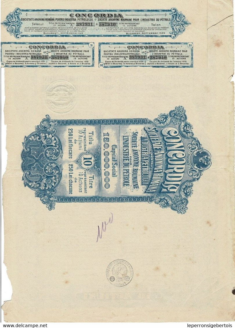 - Titre De 1922 - Concordia - Société Anonyme Roumaine Pour L'Industrie Du Pétrole - Petrolio