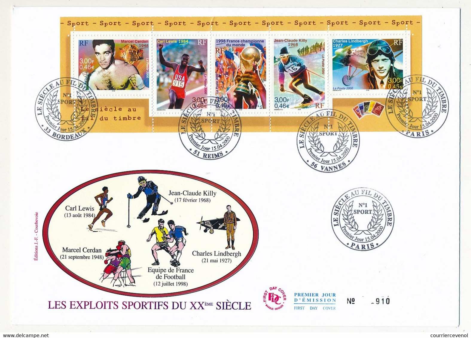 France - FDC - Siècle Fil Du Timbre - Les Exploits Sportifs Du XX° Siècle - Reims, Paris, Vannes ... 15/04/2000 - Lettres & Documents