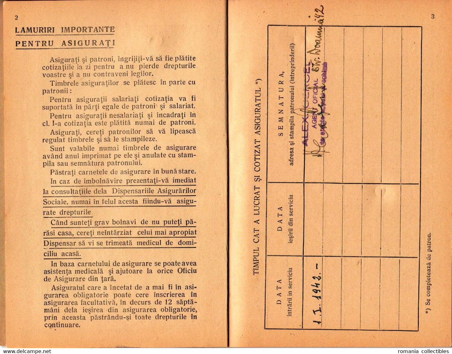 Romania, 1942, Social Insurance Member Card - Revenue Fiscal Stamps / Cinderellas - Fiscale Zegels