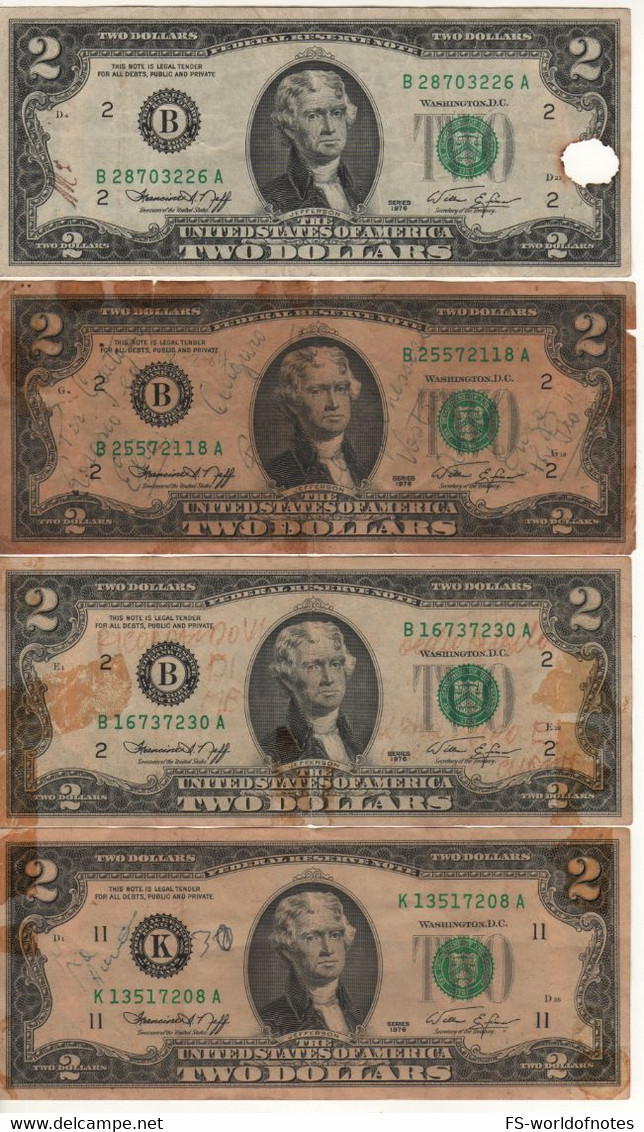 USA   $2 Bills "4 Used Notes"  (dated 1976)  , P461 - Federal Reserve Notes (1928-...)