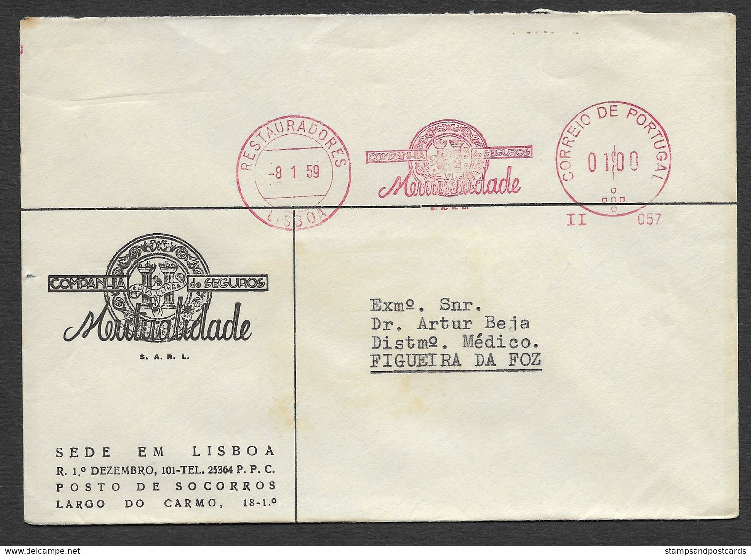 Portugal Lettre Assurance Mutualidade Vignette EMA Cachet Rouge 1959 Cover Cinderella Insurance Co. Franking Meter - Lettres & Documents