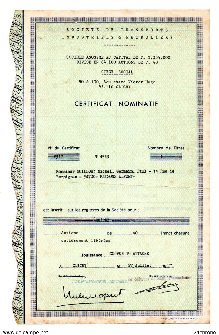 3 Actions: Societe De Transports Industriels & Petroliers, 90 à 100 Bld Victor Hugo à Clichy, 1977 (22-644) - Transport