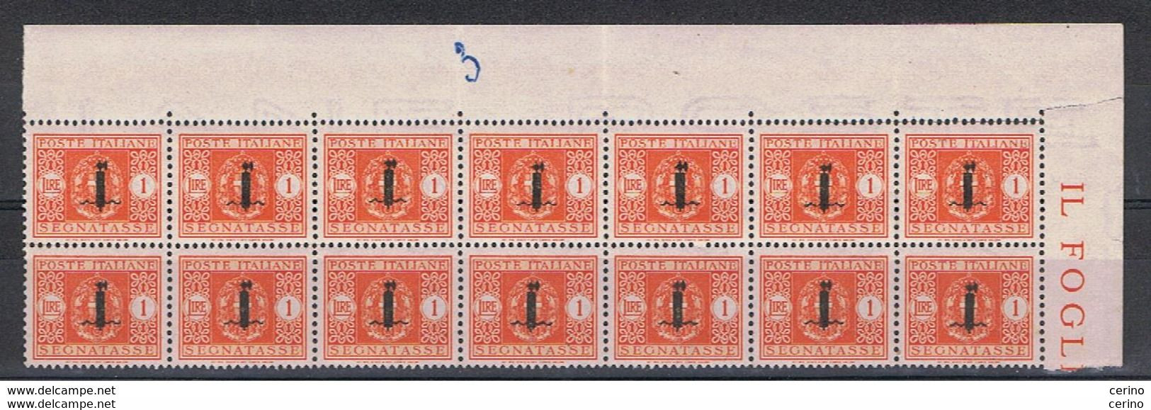 R.S.I.:  1944  TASSE  - £. 1  ARANCIO  BL. 14  N. -  DENTELLATURA  APERTA  IN  ALTO  A  DX. -   SASS. 68 - Portomarken