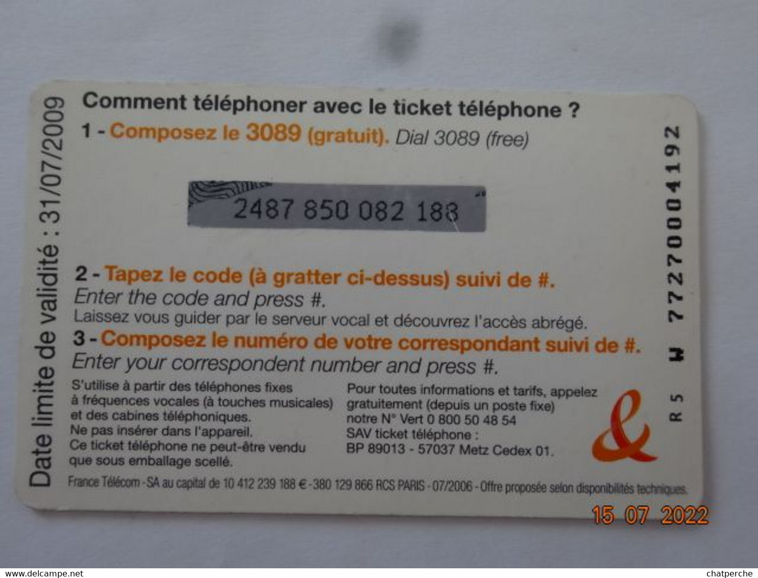 TELECARTE PREPAYEE TICKET FT RUGBY FRANCE TELECOM - Biglietti FT