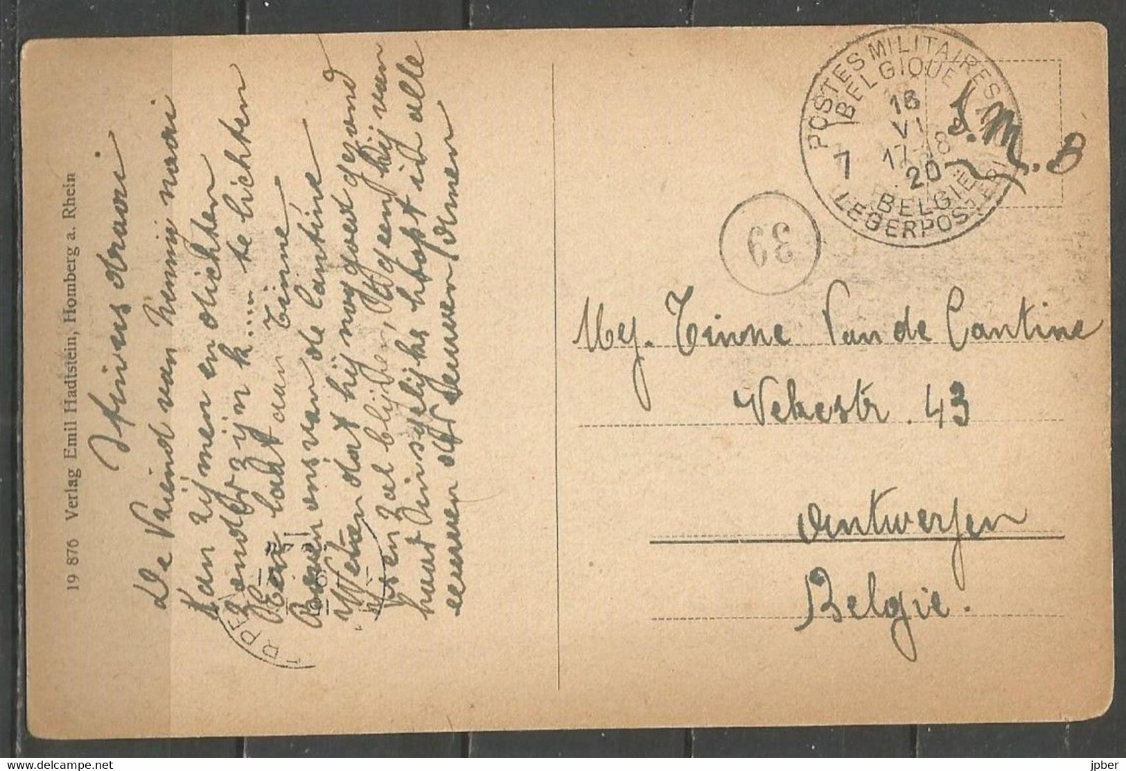 Belgique - Cachet "POSTES MILITAIRES 7" Du 16-6-20 - Carte Postale HOMBERG AM RHEIN - Brieven En Documenten