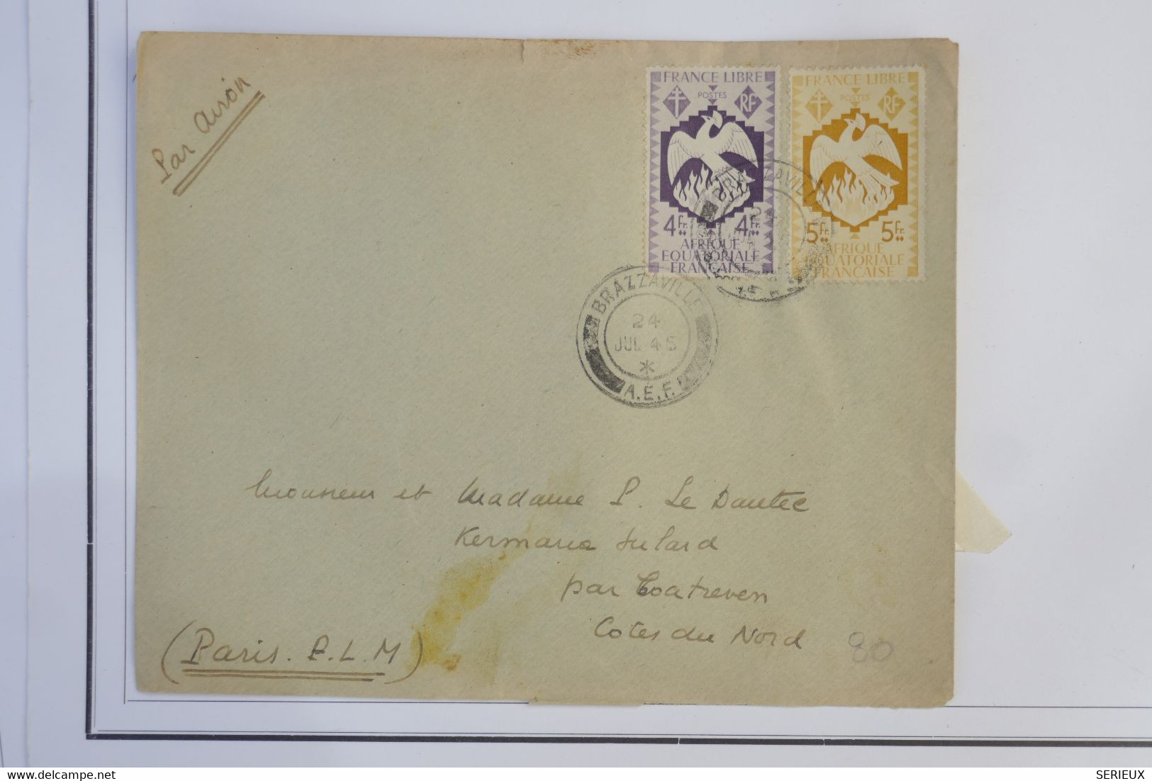 AZ10 AEF BELLE LETTRE FRANCE LIBRE 1945 P.L.M  BRAZZAVILLE  A  COATREVEN   FRANCE ++ 4 ET 5 F   ++ AFFRANCH. PLAISANT - Briefe U. Dokumente