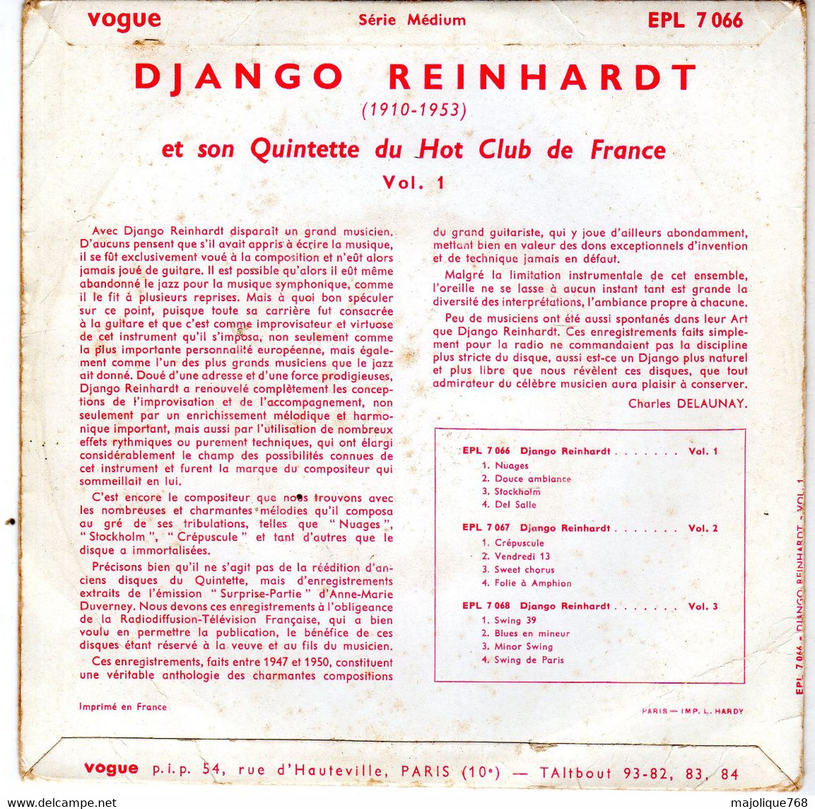 Disque 45 T De Django Reinhardt  Et Son Quintette Du Hot Club De France – Vol. 1 - Nuage - Vogue EPL 7066 - France 1955 - Jazz