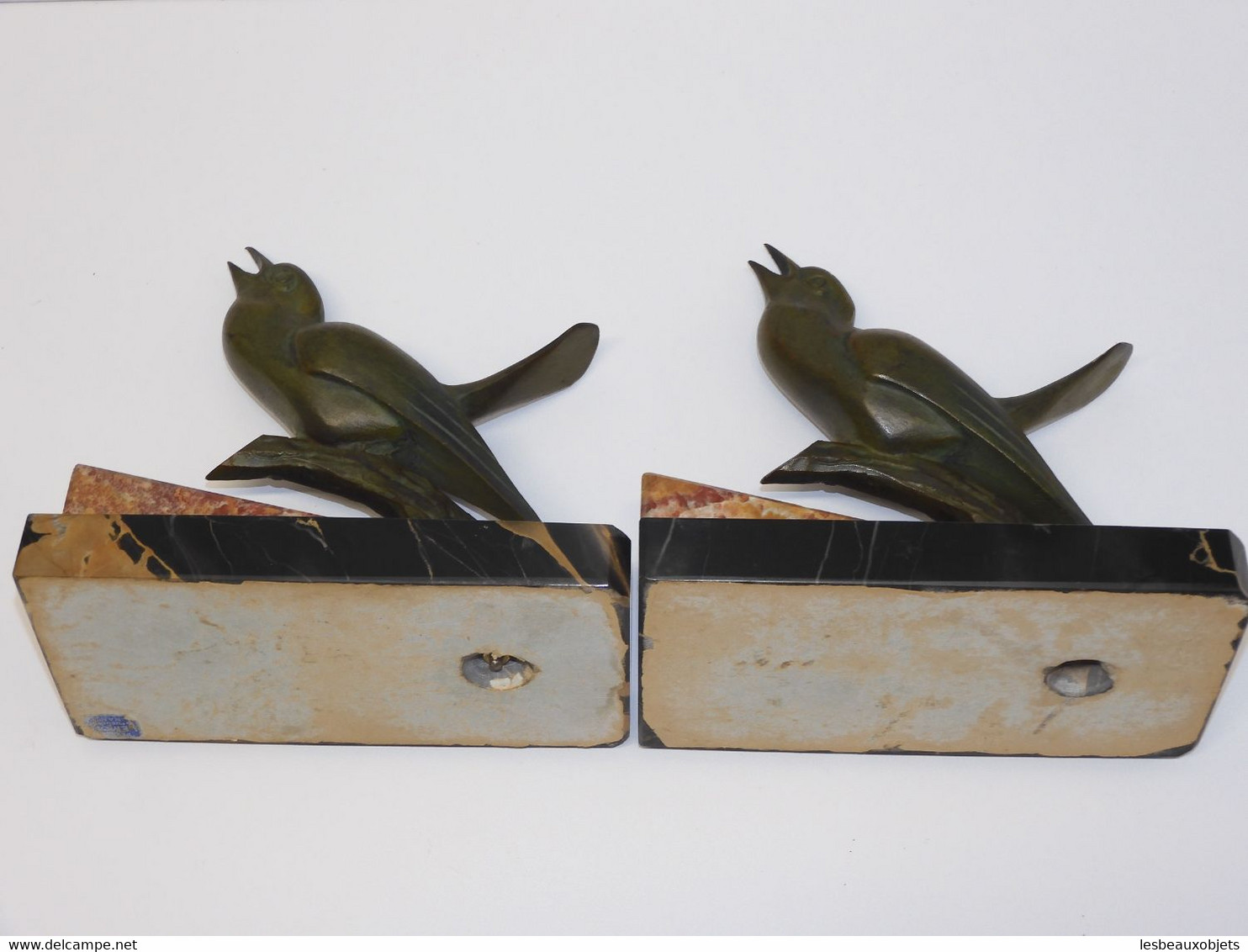 *BELLE PAIRE OISEAUX BRONZE ART DECO SERRE LIVRES PATINE VERTE SOCLE MARBRE   E