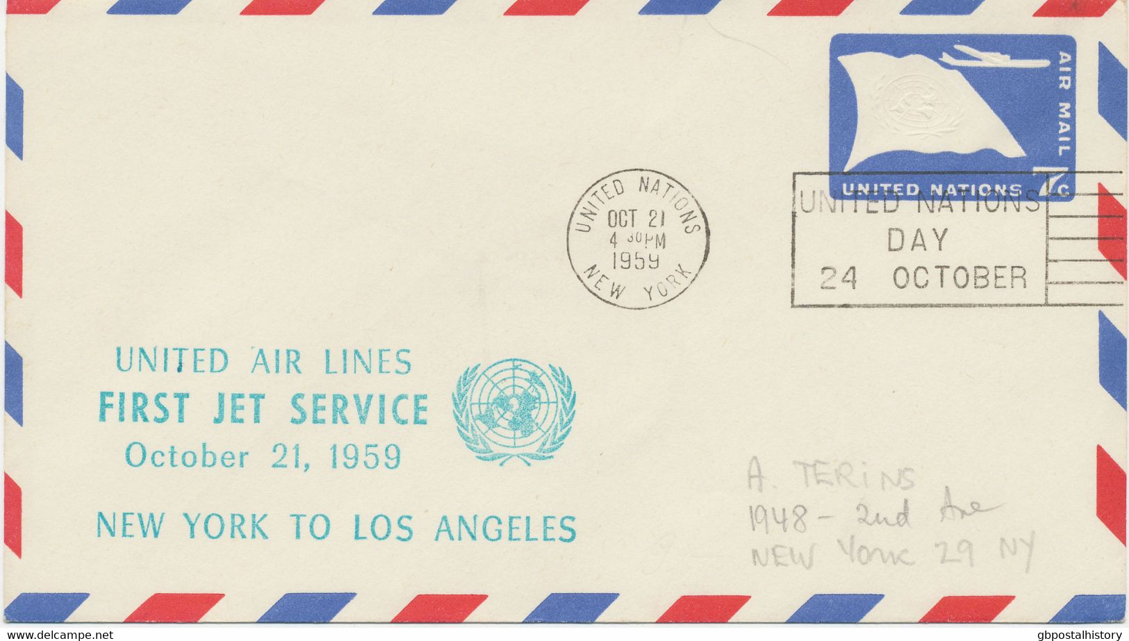 UNO 21.10.1959, UNO Fahne M. Flugzeug 7 C Kab.-Luftpost-GA-Umschlag Als Erstflug Mit United Air Lines First Jet Service - Lettres & Documents