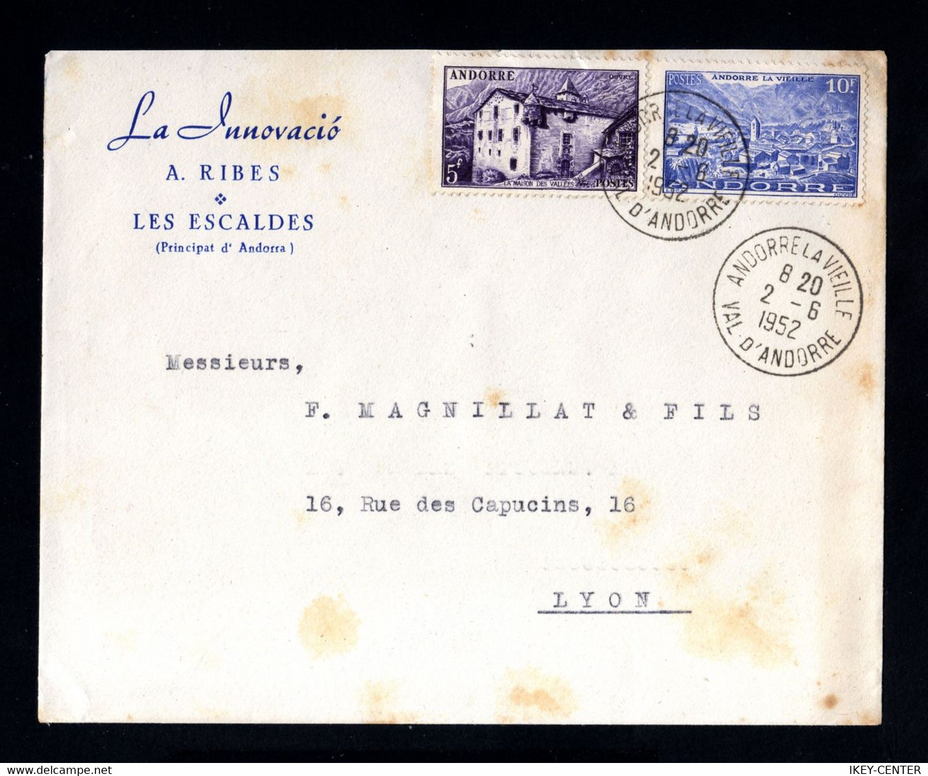 1607-ANDORRE-OLD French COVER ANDORRE La VIEILLE To LYON (france).1952.Enveloppe . - Covers & Documents