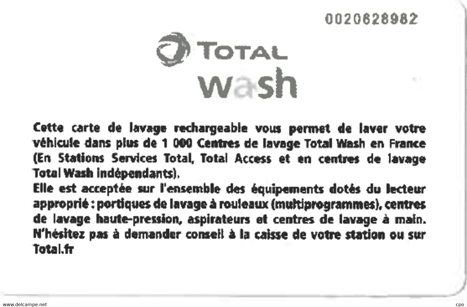 # Carte A Puce Portemonnaie Lavage Total - 1000 Stations - Plante Et Gouttes - Verso 2 - Carte De Lavage - TBE - Car Wash Cards