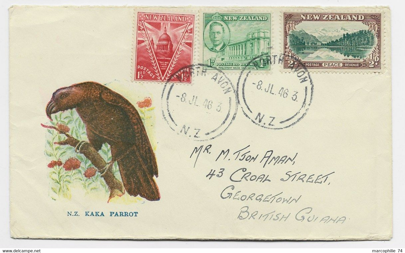 NEW ZEALAND 1 1/2C+1D+1/2D LETTRE COVER NORTH AVON 8 JL 1946 TO BRITISH GUIANA - Briefe U. Dokumente