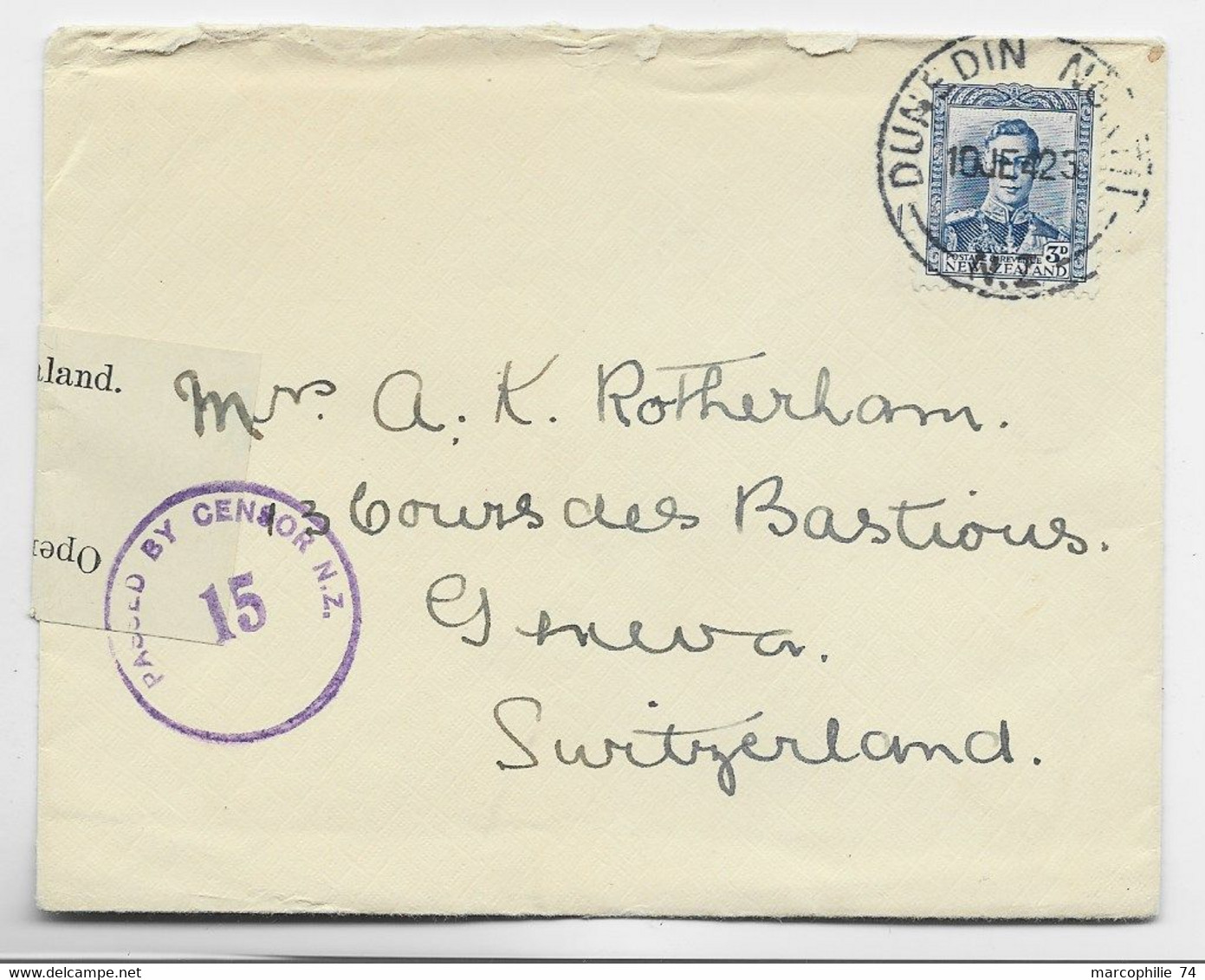 NEW ZEALAND 3D SOLO LETTRE COVER DUNEDIN 1942  TO SUISSE CENSOR - Briefe U. Dokumente