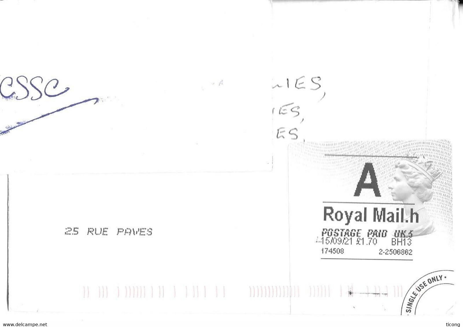 GRANDE BRETAGNE 2021 - VIGNETTE REINE D ANGLETERRE ELIZABETH II, , VIGNETTE A ROYAL MAIL H , CN 22 FICHE DE DOUANE, - Unclassified