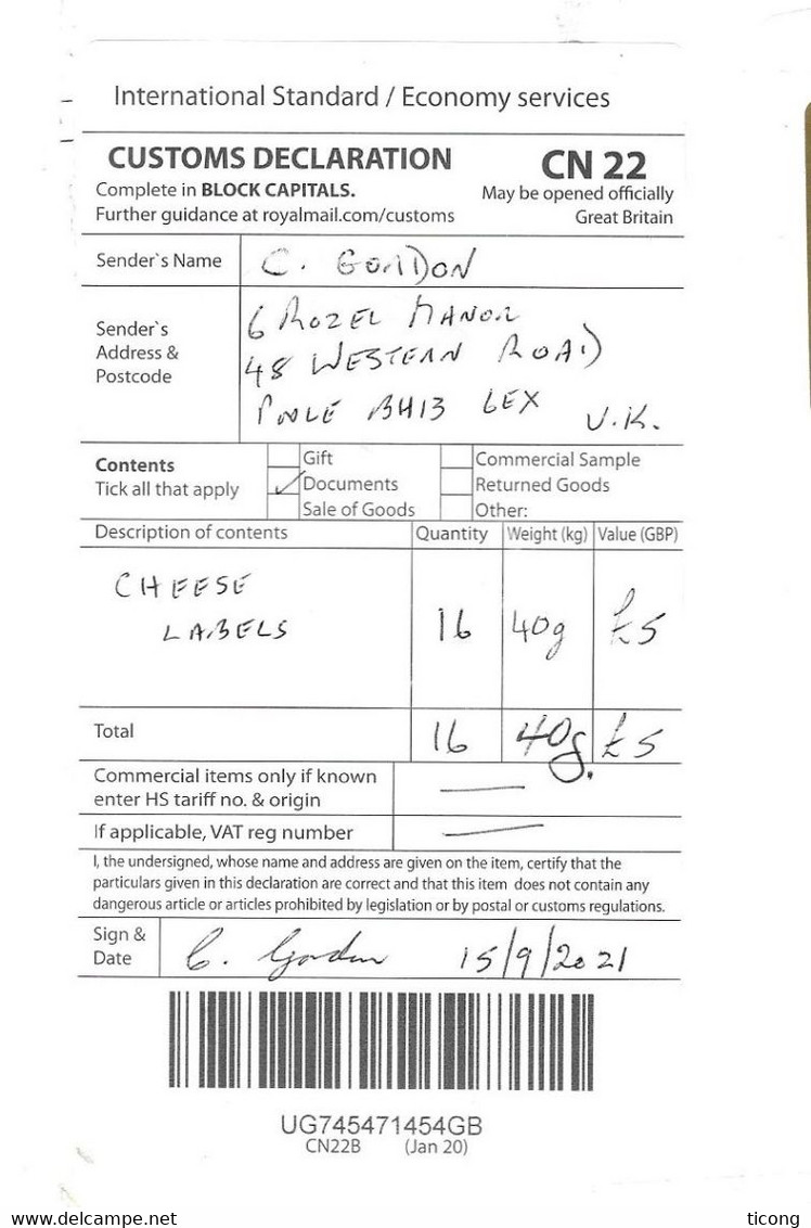 GRANDE BRETAGNE 2021 - VIGNETTE REINE D ANGLETERRE ELIZABETH II, , VIGNETTE A ROYAL MAIL H , CN 22 FICHE DE DOUANE, - Sin Clasificación