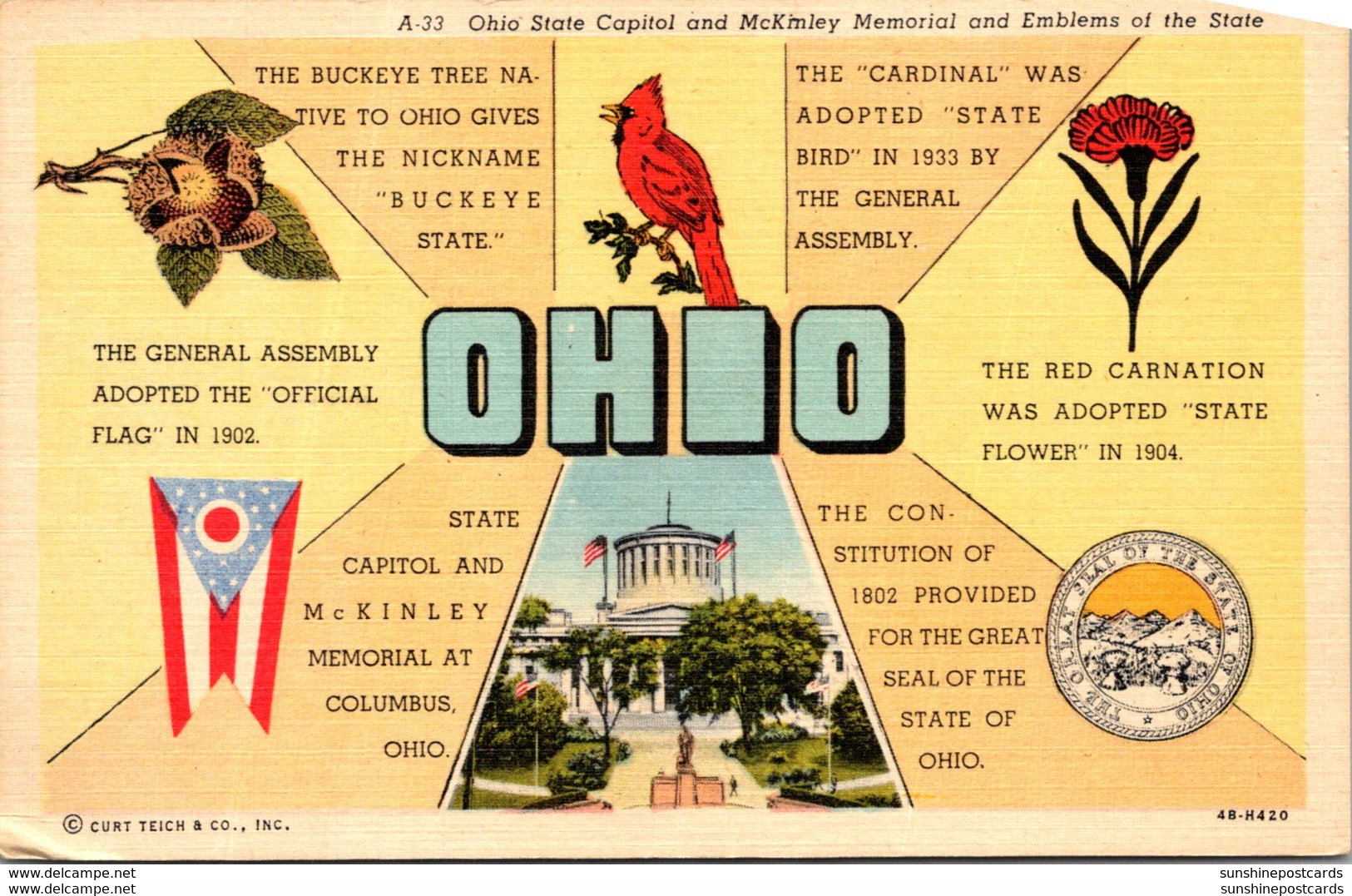 Ohio State Capitol And McKinley Memorial And Emblems Of The State Curteich - Columbus