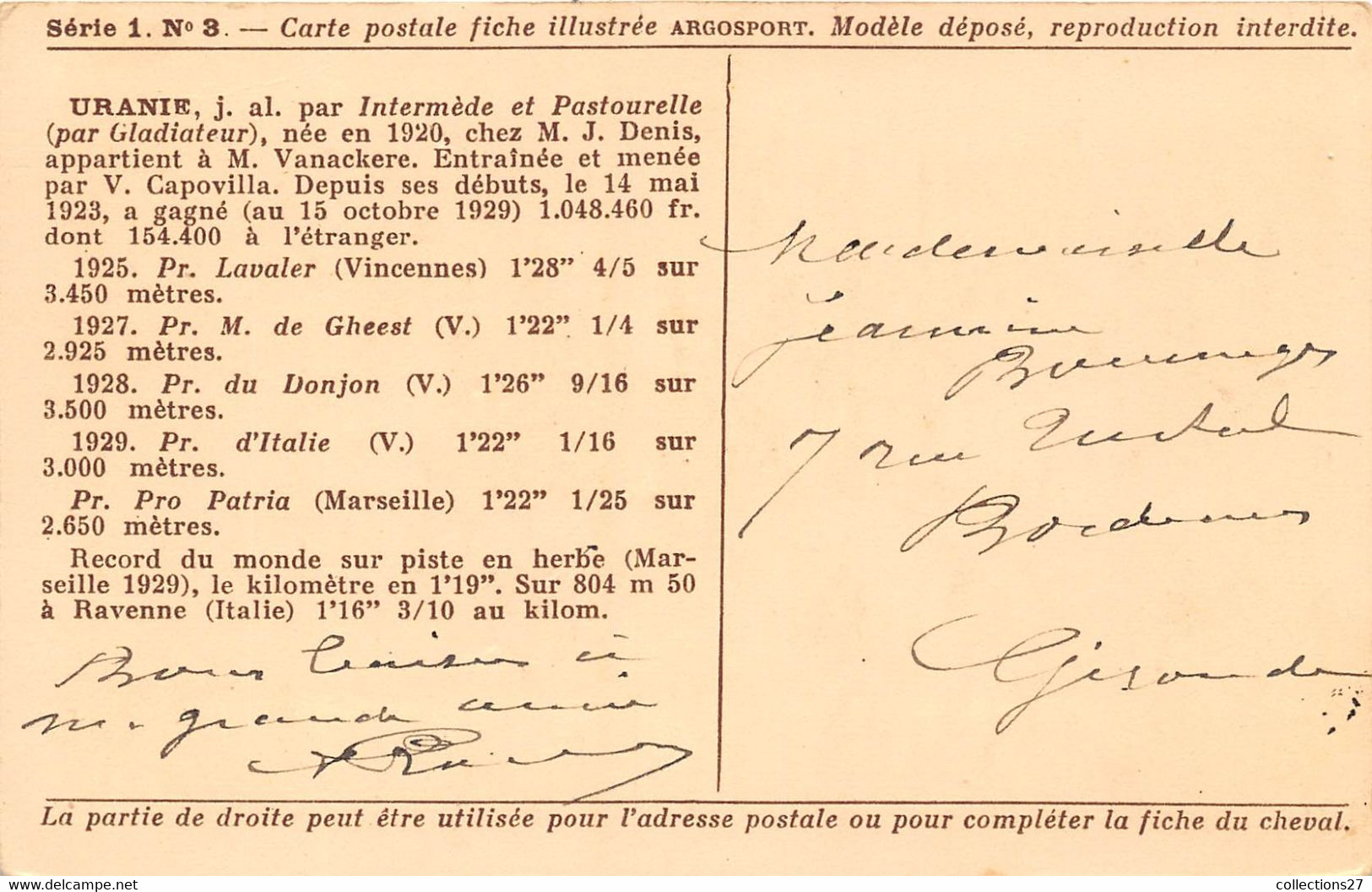 HIPPODROME VINCENNES- URANIE REMPORTE DEVANT CAPUCINE X, LE PRIX DE SOISSONS A VINCENNE 1929 - Paardensport