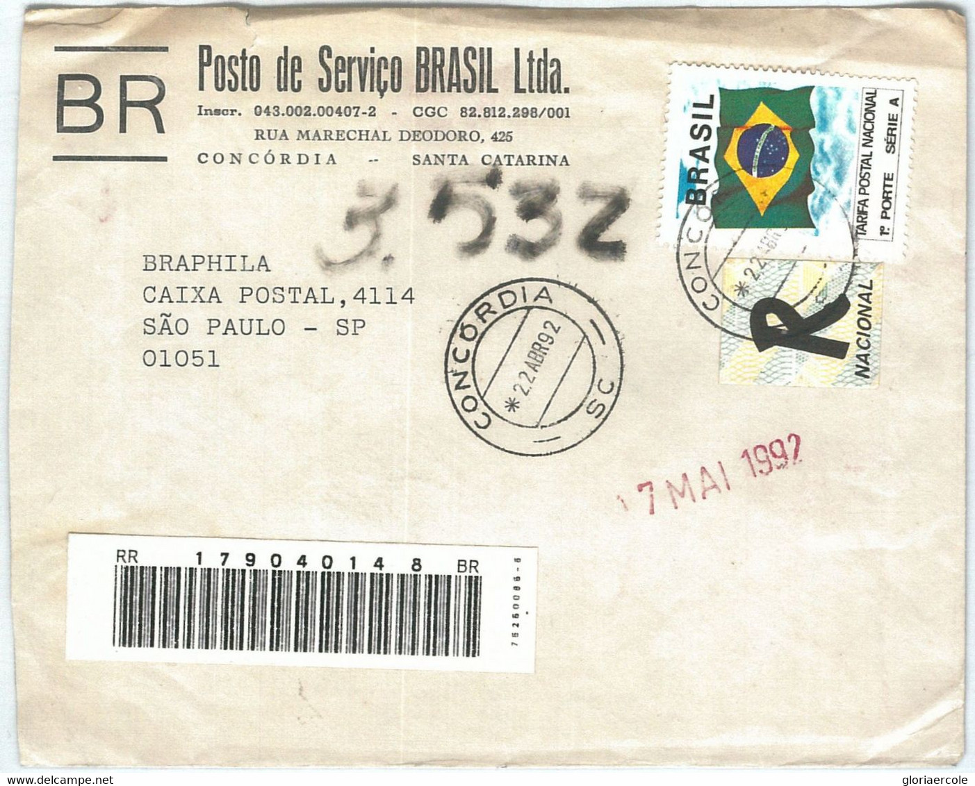 72257 - BRAZIL - POSTAL HISTORY -  REGGISTERED COVER 1992 - Andere & Zonder Classificatie