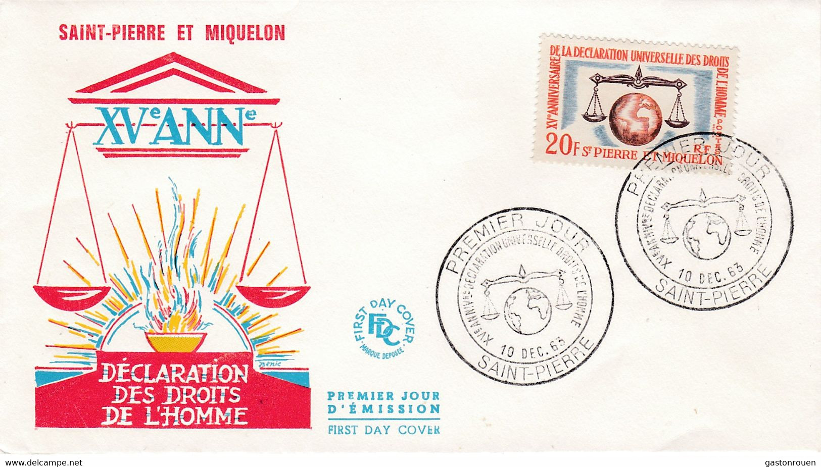 St Pierre & Miquelon PREMIER JOUR FDC 1963 370 Déclaration Droits De L'Homme - FDC