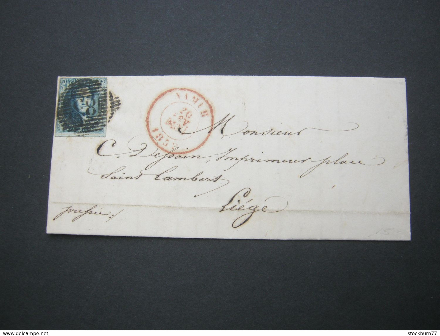 1852 , 20 C. Auf Brief Aus NAMUR - 1849-1865 Médaillons (Autres)