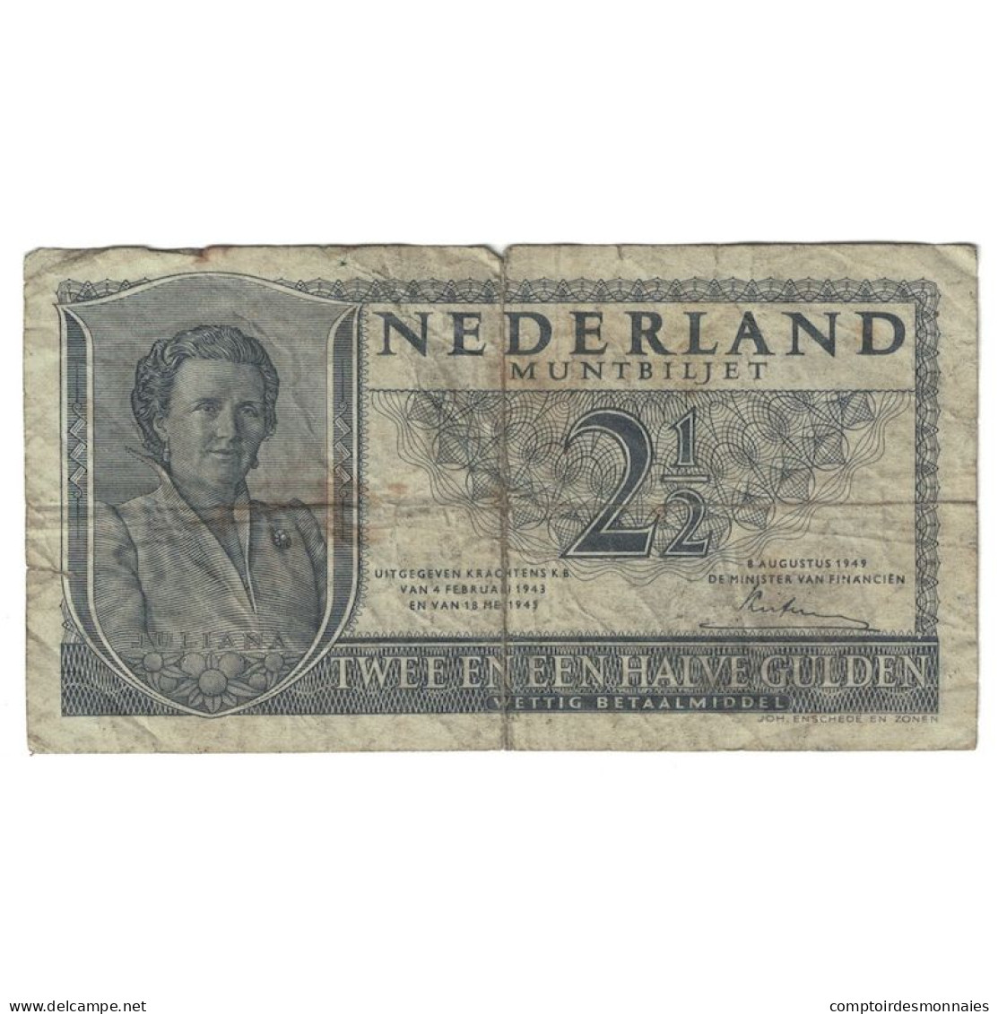 Billet, Pays-Bas, 2 1/2 Gulden, 1949, 1949-08-08, KM:73, B+ - 2 1/2 Gulden