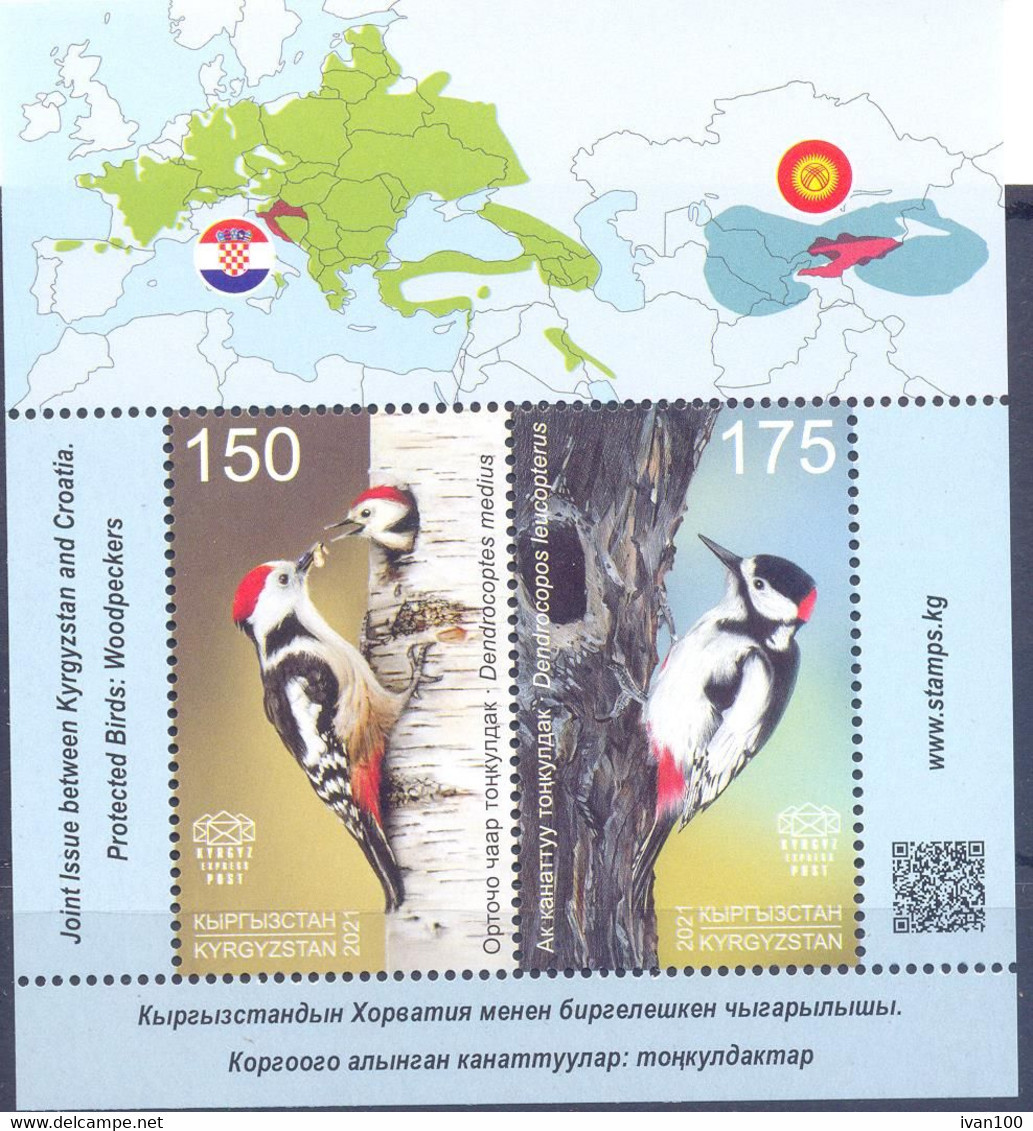 2021.Kyrgyzstan, Protected Birds, Woodpeckers,  S/s, Joint Issue With Croatia, Mint/** - Kirgizië