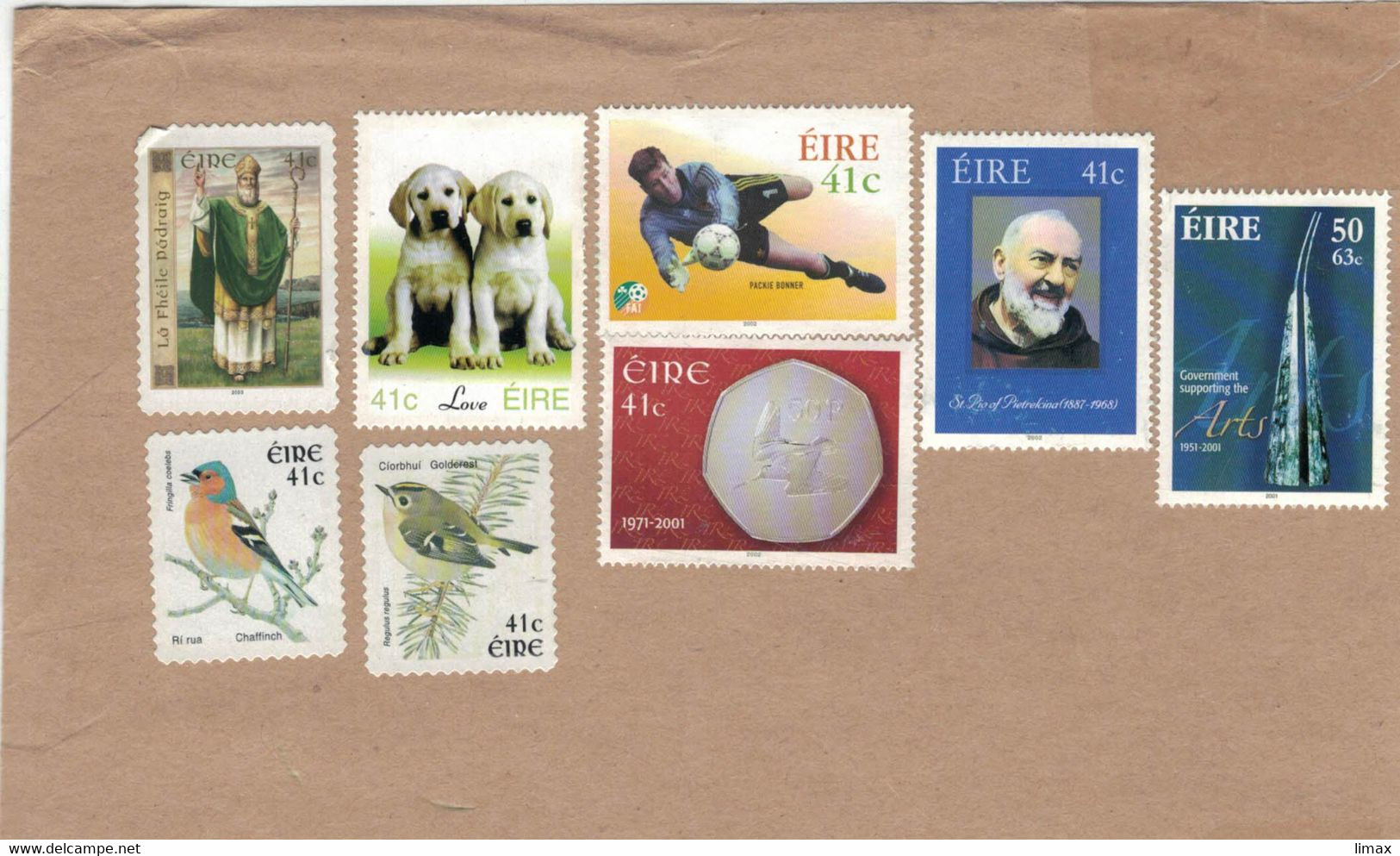 Irland Auf Briefstück Hund Fussball Münze Padre Pio Kunst Fringilla Coeleba - Regulus - Fheile Padraig - Eire - Covers & Documents